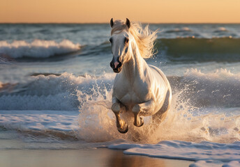 a beautiful Arabian horse runs along the sea waves and develops its mane in the morning at dawn