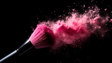 Make up cosmetic brush with pink powder explosion on black background banner - 707676238