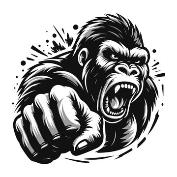 Vector logo of a raging gorilla doing a fist punch. Professional logo of a mad kong. Black and white logo of an ape isolated on a white background.