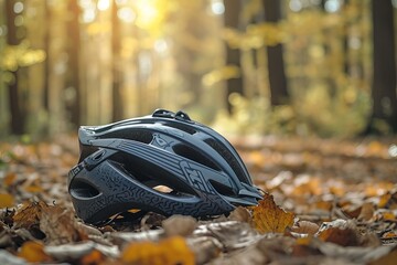 a bicycle helmet lying on dry maple leaf leaves generative ai