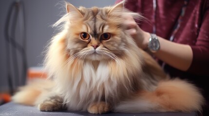 Fototapeta premium Groomer combs the cat's hair. Professional pet care services.