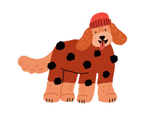 Cute dog in canine clothes, wearing warm sweater and winter hat. Funny labradoodle doggy in knitwear. Happy puppy in knitted wool apparel. Flat vector illustration isolated on white background