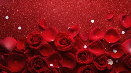 Red roses petals and sprinkles confetti for a holiday celebration 14th february - obrazy, fototapety, plakaty