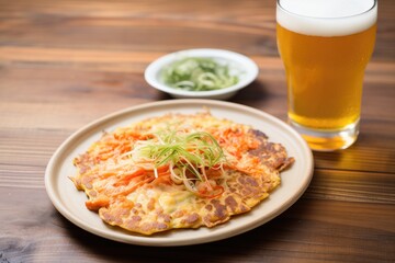 frosty glass of beer beside hot kimchi pancake
