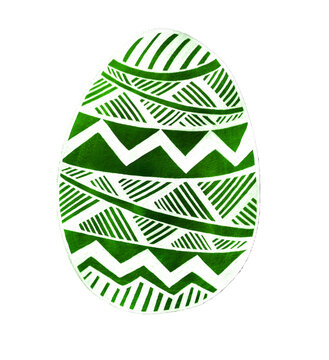 Easter egg painted with a geometric ornament. Green. Lines of different thickness. Stripes, zigzags, triangles. Isolated on white background. Easter traditions. Doodle.