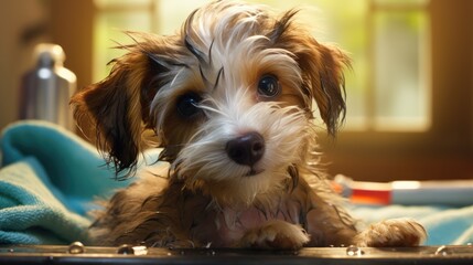 Cute puppy dog after washing. Preparing for a haircut. Pet care services.