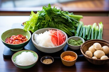 variety of fresh ingredients cabbage, radish, scallions for making kimchi - obrazy, fototapety, plakaty