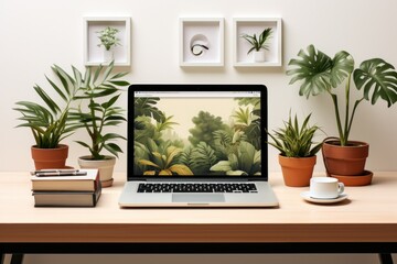 Elegant work spaces in offices with laptops.
