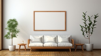 Empty wooden frame on the white wall,