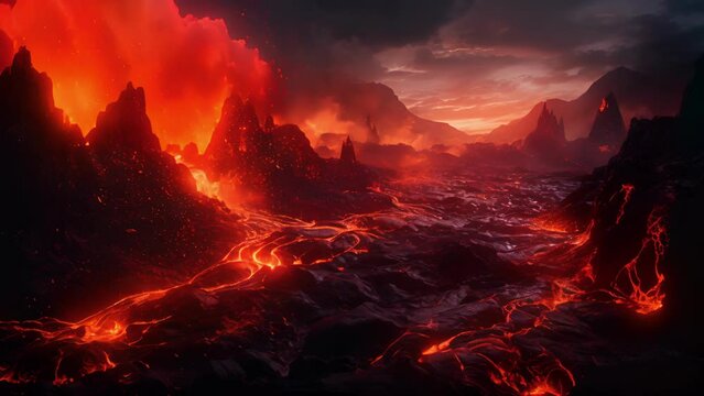 Amidst a violent eruption, rivers of glowing lava spilled from the volcanos mouth, leaving a trail of destruction in their wake.