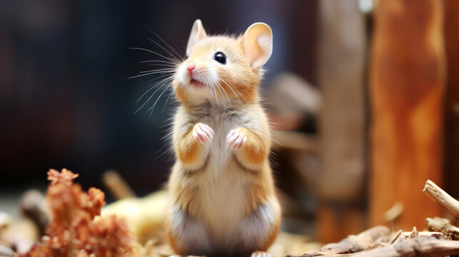 Cute Syrian hamster sitting on the ground and looking at camera.