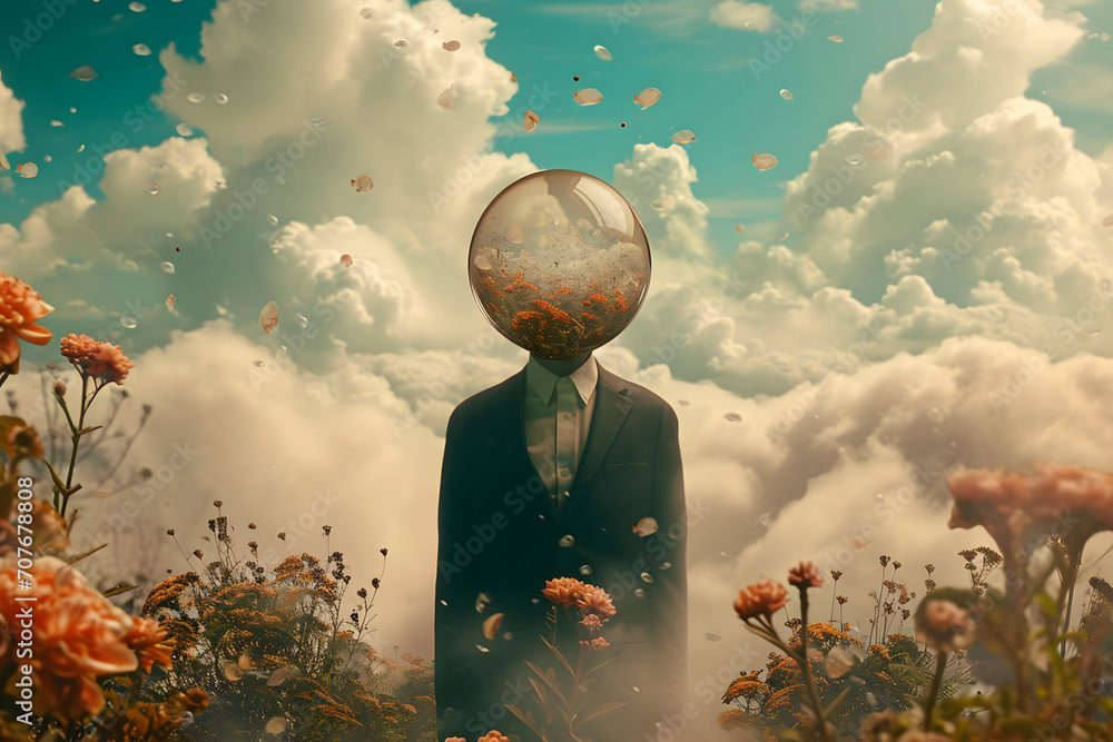 Wall mural fishbowl head in the field with clouds - Wall murals