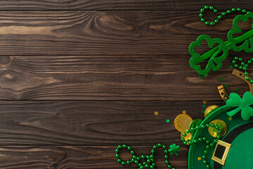 Leprechaun's Legacy: top view St. Patrick's Day essentials – leprechaun's hat, themed glasses, lucky horseshoe, gold coins, trefoils, confetti, beads on wooden surface. Set mood for joyous celebration - obrazy, fototapety, plakaty
