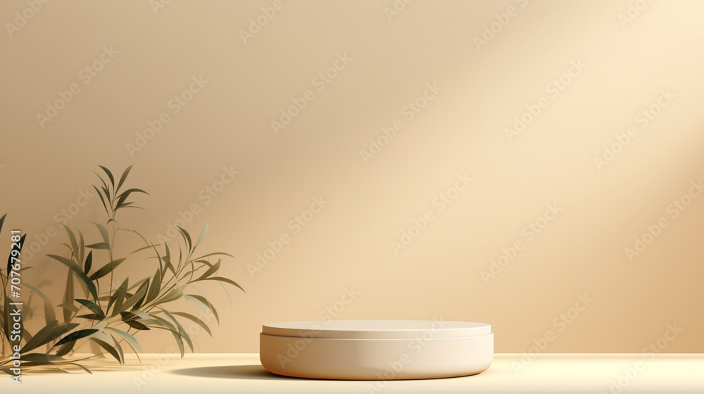 Poster empty room background beige with generative ai. podium product display.
