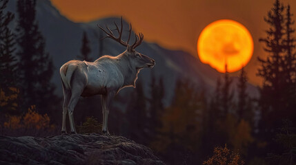A majestic elk stands silhouetted against a golden sunset in the wilderness.