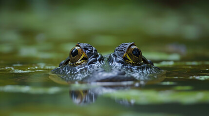 Crocodile eyes observe attentively, barely emerging from a still water surface.