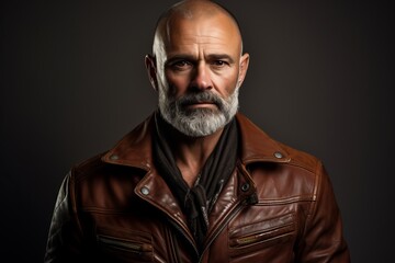 Portrait of an old man with a beard in a brown leather jacket.