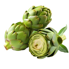 Obraz premium Fresh artichoke isolated on png background. Two whole green artichokes, raw edible cynara flower buds, organic italian vegetable food