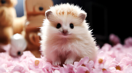 Hamster with cherry blossom petals on black background.