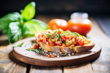 tomato bruschetta with garlic and basil on a rustic table - obrazy, fototapety, plakaty