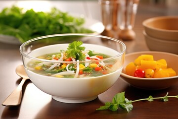 minestrone in glass bowl, fresh ingredients border