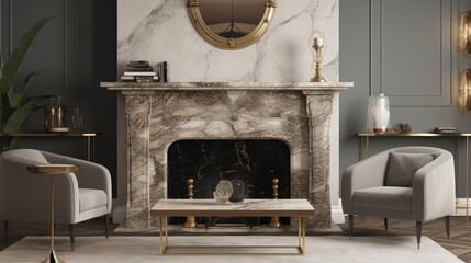 Fototapeta premium A marble fireplace with a polished bronze mantle. AI generated