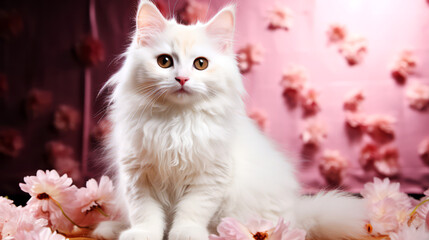 Naklejka na ściany i meble Beautiful white cat with pink flowers on color background.