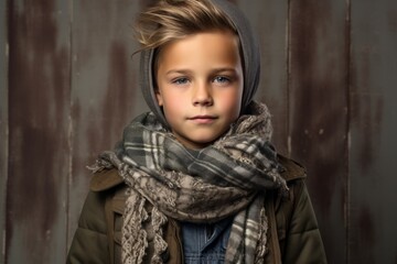 Portrait of a cute little boy in a warm winter coat and scarf.
