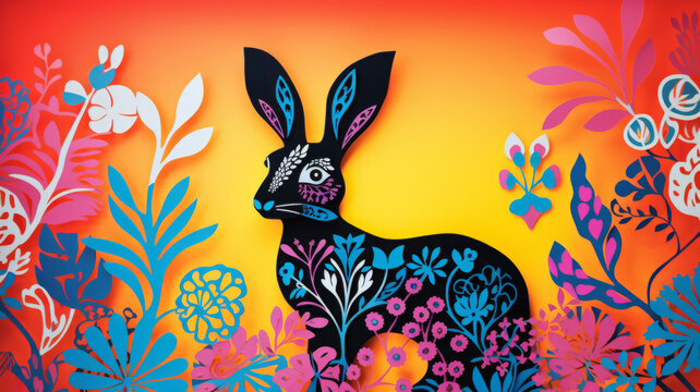 Illustration of an Easter rabbit surrounded by vibrant flowers