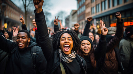Proud young Black activists in a peaceful protest in the streets - obrazy, fototapety, plakaty