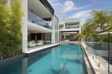 Stunning haven: exquisite residence featuring a central pool. Generative AI