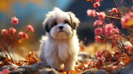 Cute Shih Tzu puppy standing in the autumn garden. - obrazy, fototapety, plakaty