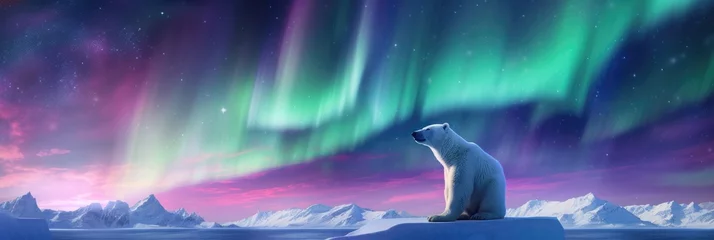 Fototapeten White bear stand on a glacier with Northern Lights, Aurora Borealis. Polar night with stars and dark sky. Wildlife scene from nature. Change climate or global warming concept © ratatosk