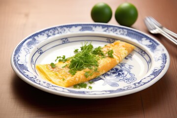 french style omelette, parsley, on porcelain plate
