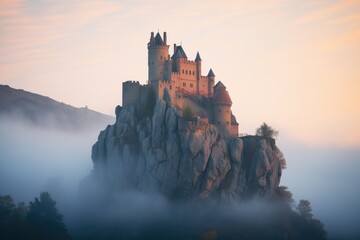 fog enshrouding an imposing stone castle at dusk - obrazy, fototapety, plakaty