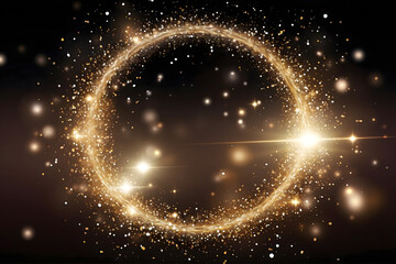 Gold glitter circle of light shine sparkles and golden spark particles in circle frame on black background. Christmas magic stars glow, firework confetti of glittery ring shimmer