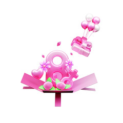 Women day gift box 3d render composition or women day surprise box 3d illustration