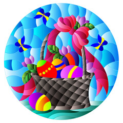 Illustration in stained glass style for Easter, basket with Easter eggs and flowers on a blue background, oval image