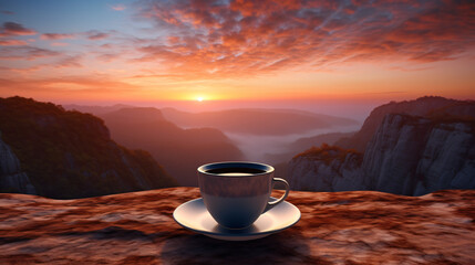 An image of a cup of coffee facing sunrise
