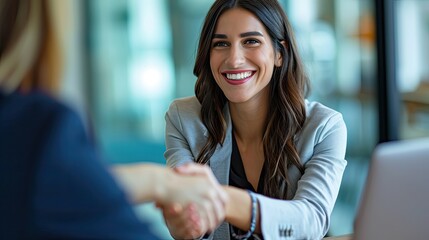 Happy business woman handshaking at office meeting. Smiling female hr hiring recruit at job interview, bank or insurance agent, lawyer making deal with client at work - obrazy, fototapety, plakaty