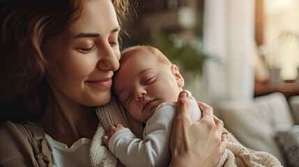 Loving mom carrying her newborn baby at home. Bright portrait of happy mum holds sleeping infant child on hands