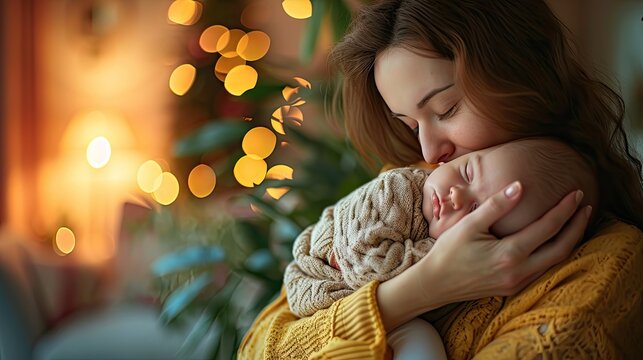 Loving Mom Carrying Her Newborn Baby At Home. Bright Portrait Of Happy Mum Holds Sleeping Infant Child On Hands