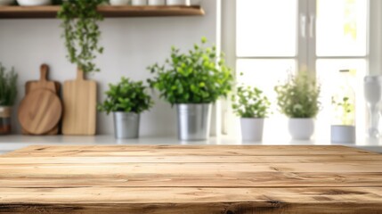 A minimal empty wooden counter top. Table top with copy space for product advertising mockup with some kitchen interior details