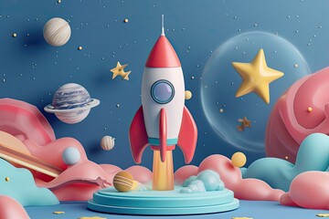 colorful and whimsical scene of a rocket launching into space - obrazy, fototapety, plakaty