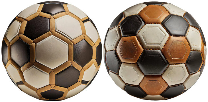 Close-up of two old brown,white and black soccer balls, isolated on white or transparent background. Png. Generative Ai.