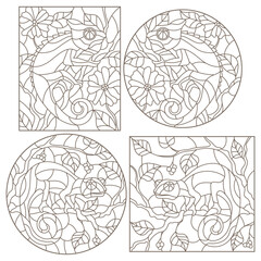 Set of contour illustrations of stained glass Windows with chameleons on tree branches dark contours on a light background