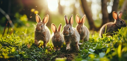 rabbits bounding through a sunlit meadow, a charming scene of wildlife in motion.