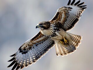 Powerful hawk in flight, wings elegantly spread against a soft background.