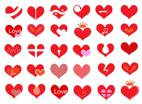 Red heart Valentine icons set clip art - Stock Vector illustrations.