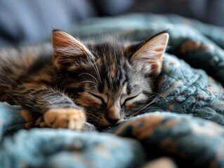 A young tabby kitten enjoying a peaceful nap on a soft, grey blanket. - Powered by Adobe
